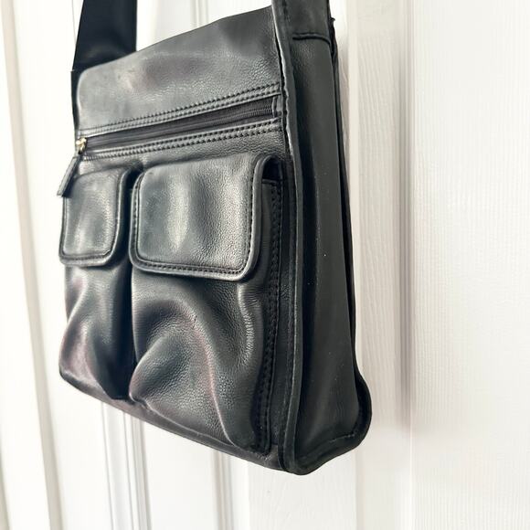 Fossil Vintage Black Leather 75082 Multi Pocket Top Zip Shoulder Bag Key Fob - Picture 5 of 11